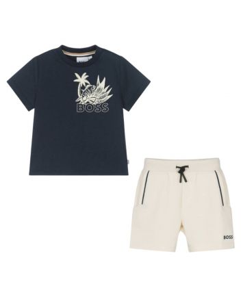 Baby Boys Navy Blue & Beige Shorts Set