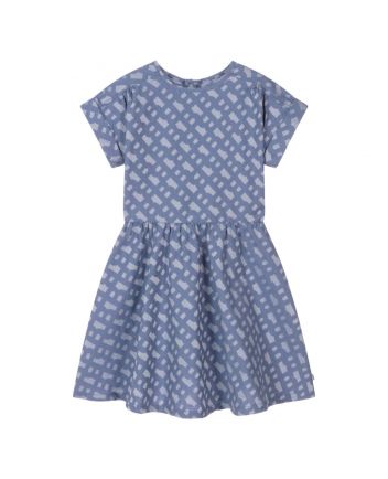 Girls Blue Cotton Jacquard Monogram Dress