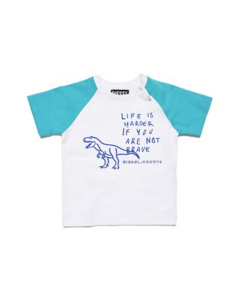 White Dinosaur & Slogan Printed T-Shirt With Blue Sleeves