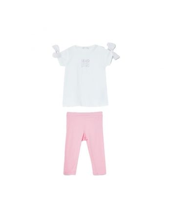 Girls White & Pink Cotton Legging Set