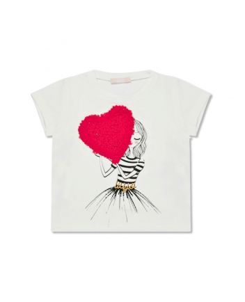 Girls White Heart Patch Cotton T-Shirt