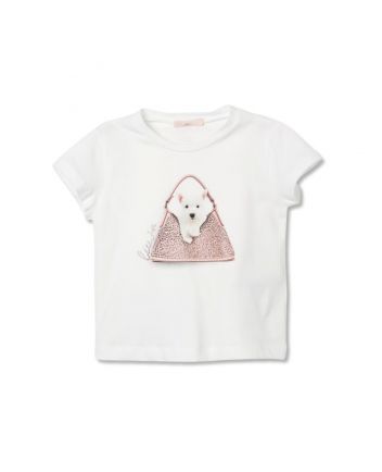 Girls White Bear Print T-Shirt With Rhinestones