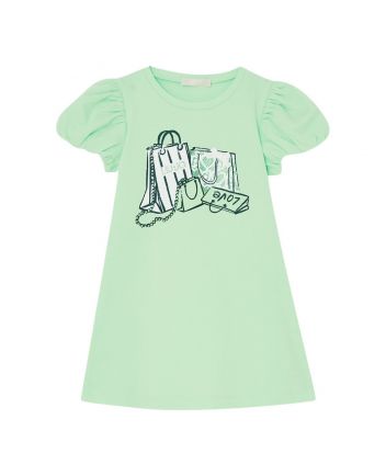 Girls Green Rhinestones Bag-Logo Dress
