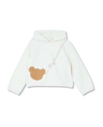 Girls White Embroidered-Bear Rhinestones-Logo Hoodie