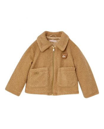 Girls Beige Bear-Brooch Patch Pocket Jacket