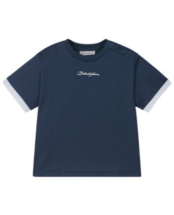 Baby Boys Navy Blue Script Logo Cotton T-Shirt