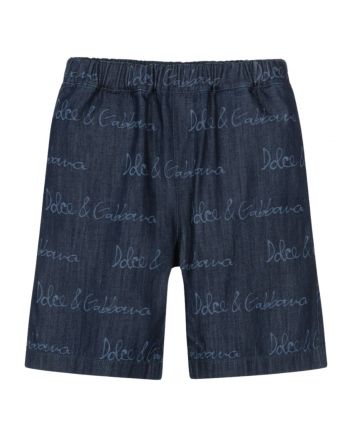 Boys Dark Blue Cotton Shorts With Logos