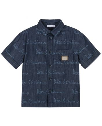 Boys Dark Blue Cotton Shirt With Logos