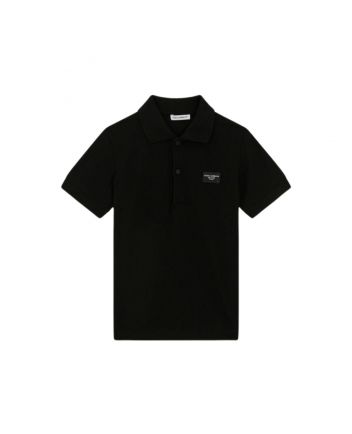 Boys Black Cotton Polo T-Shirt With Logo Patch