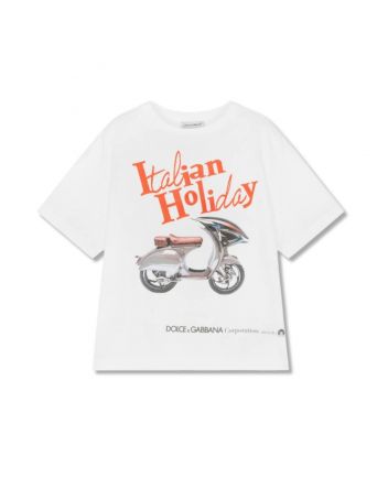 Boys White Cotton Printed T-Shirt