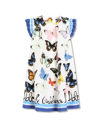 Girls White & Blue Butterfly Print Dress