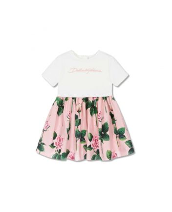 Girls Pink & White Roses T-Shirt Dress