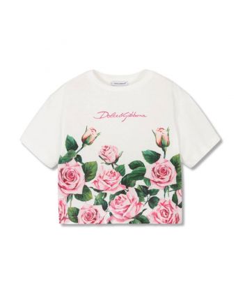 Girls Ivory & Pink Rose Print T-Shirt
