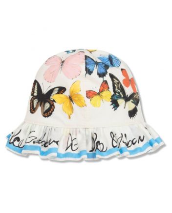 Girls White & Blue Butterfly Print Sun Hat