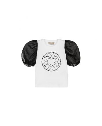 Girls White and Black Silk Sleeve T-Shirt