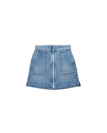 Washed Denim Skirt With Dirty Effect And Big M Logo