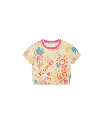 Girls Cream Flowers Printed Half Sleeves Top