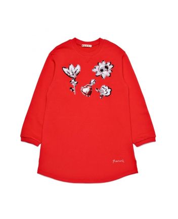 Girls Red Fleece Dress With Sequined Flowers