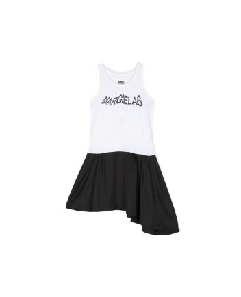 Girls White & Black Sleeveless Cotton Dress