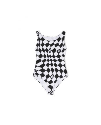 Girls White & Black Chequered Print Swimsuit