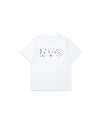 Girls White Cotton Studded Logo T-shirt