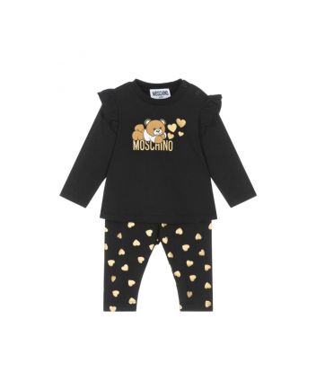 Baby Girls Black Cotton Hearts Leggings Set