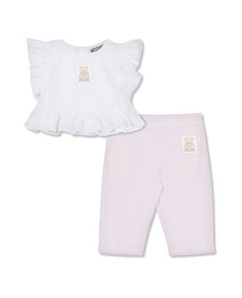 Baby Girls White & Pink Logo-Patch Trouser Set