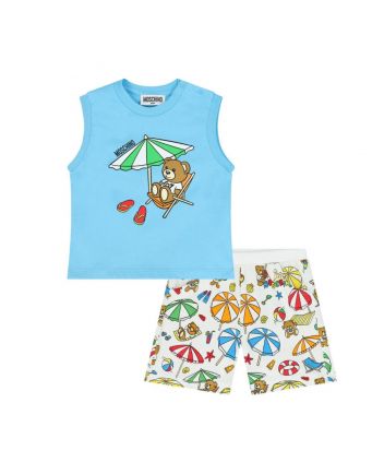 Baby Unisex Blue & White Teddy Bear Shorts Set