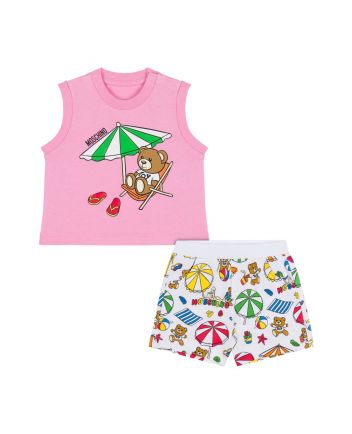 Baby Girls Pink & White Teddy Bear Shorts Set