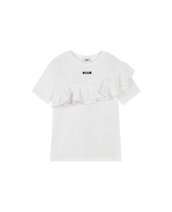 Girls White Cotton Ruffle T-Shirt