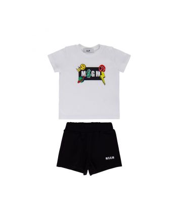 Boys White & Black Cotton Shorts Set