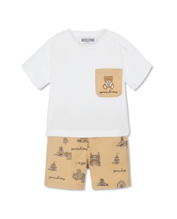 Baby Boys Beige & White Cotton Shorts Set
