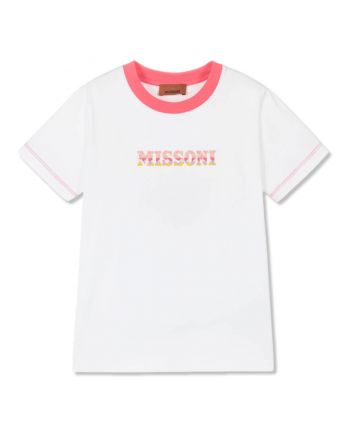 Girls White Cotton T-Shirt With Pink Neckline