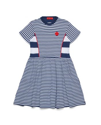 Girls Blue Striped Dress With Logo-Patch