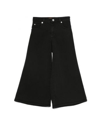 Girls Black Embroidered Wide-Leg Denim Jeans