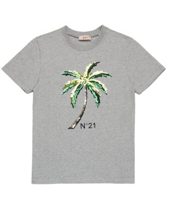 Girls Grey Sequined Palm T-shirt