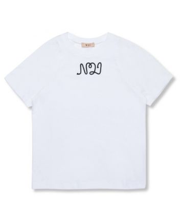 Girls White Embroidered Logo-Print T-Shirt