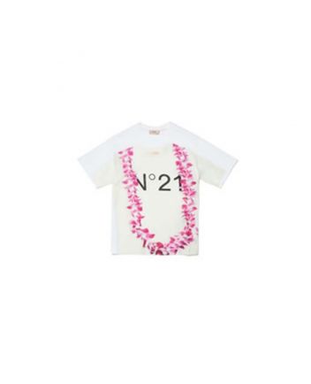 Girls White Jersey T-shirt With floral Print And Logo