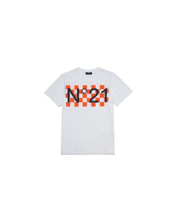 White Jersey T-Shirt With Damier Print And Logo