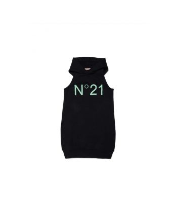 Black Sleeveless Fleece Dress With Hood And Logo