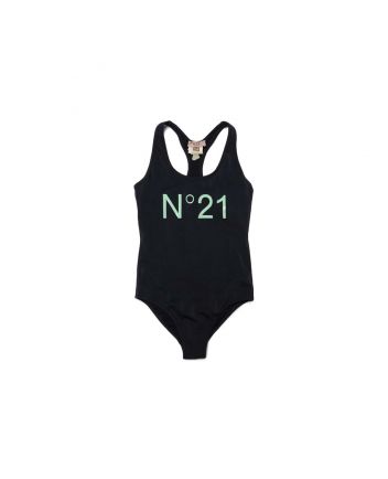 Girls Black Logo Print Swimsuit