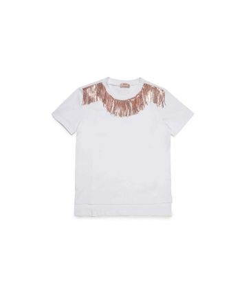 Girls White Sequined Fringed T-shirt