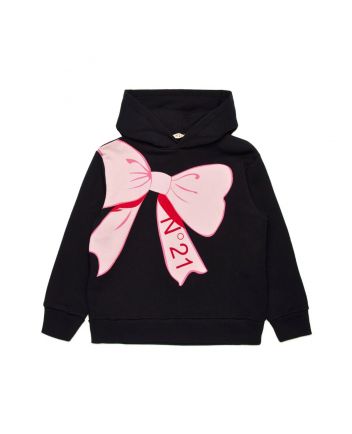 Girls Black Cartoon Style Bow-Print Hoodie