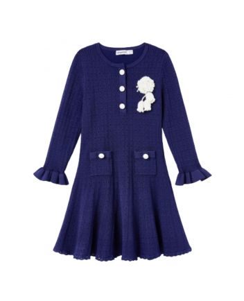 Girls Blue Cotton & Wool Knit Dress