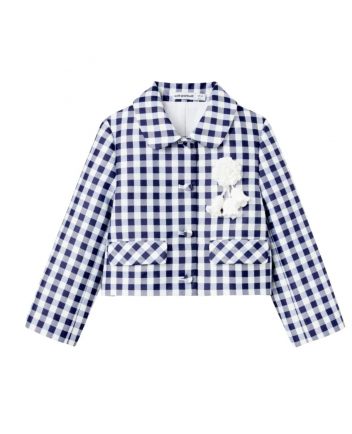 Girls Navy Blue Floral-Patch Gingham Jacket