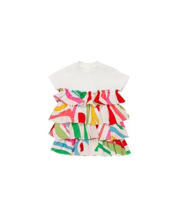 Girls White Ruffles And Marble Print Dress