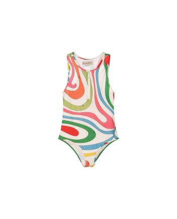 Girls White Marmo Print Swimsuit