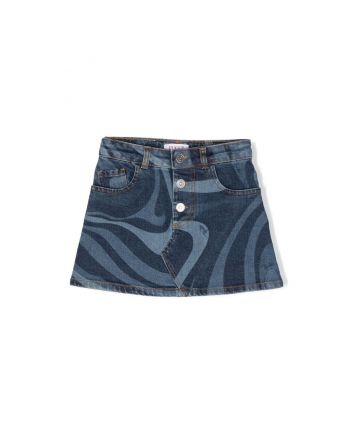 Girls Blue Swirl Print Denim Skirt