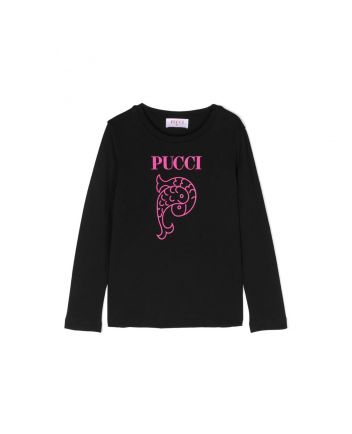 Girls Black Logo Print Cotton T-Shirt