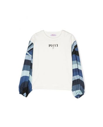 Girls White Printed Sleeves T-Shirt